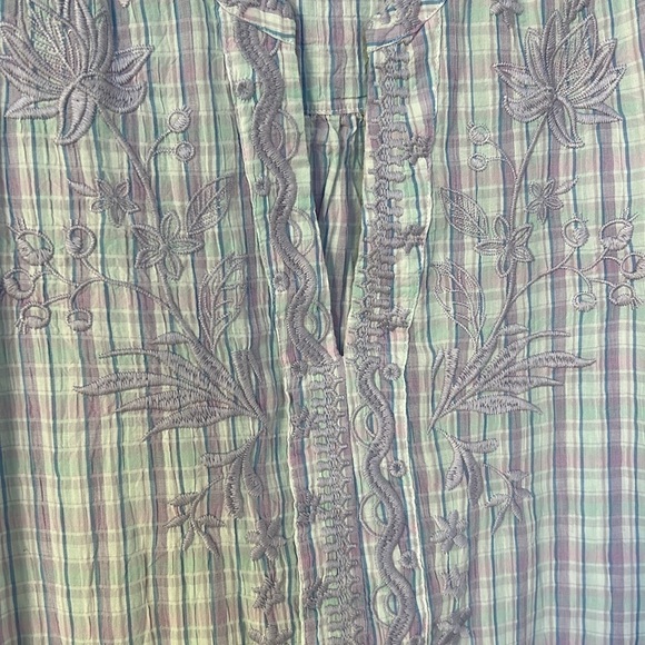 Johnny Was Malo Puff Sleeve Blouse Lilac Embroidered Plaid Bird Floral Small - Picture 13 of 13